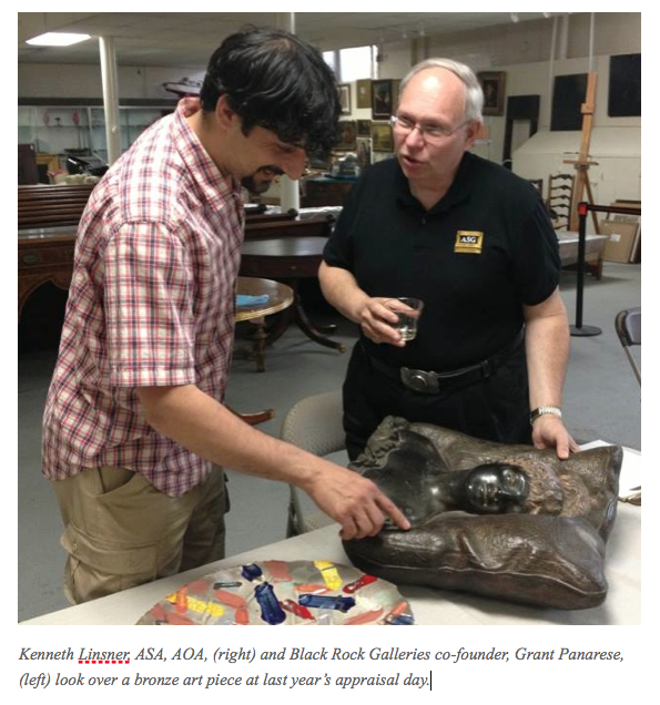Kenneth Linsner and Grant Panarese evaluate and appraise a bronze sculpture